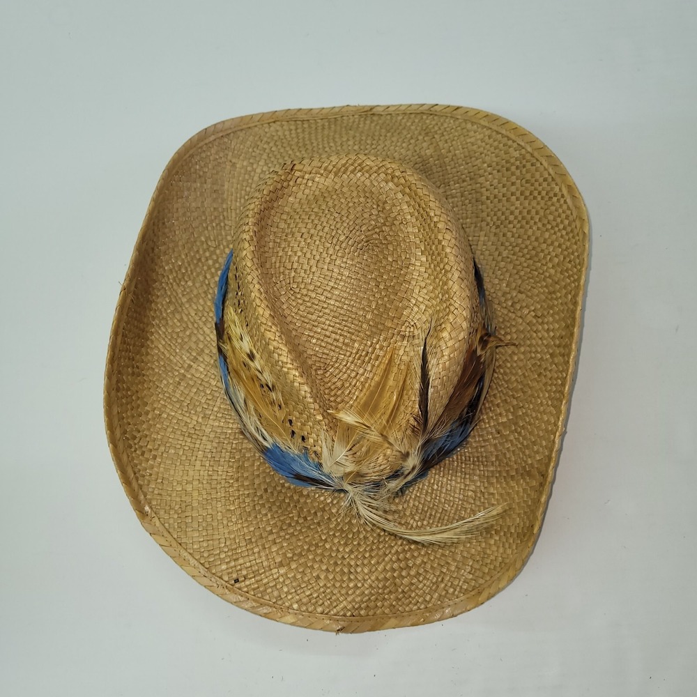 Longhorn‎ Head Huggers Straw Hat Mens M Cowboy Western Feather Rodeo Rancher - Picture 7 of 13